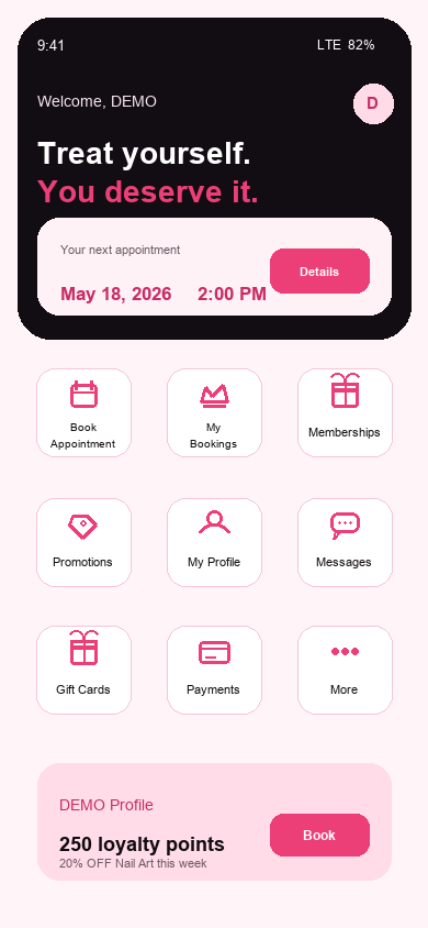 DEMO customer profile inside nail salon mobile app