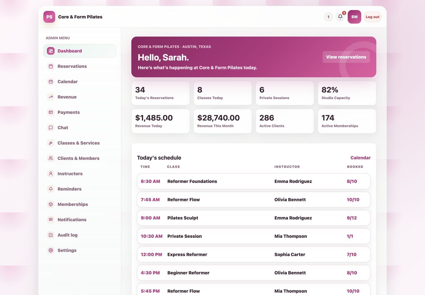 Pilates studio dashboard