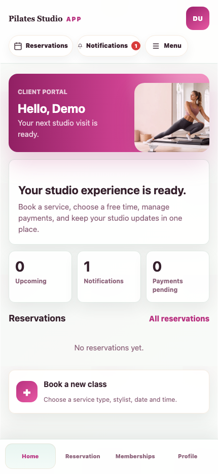 Pilates client home app screen