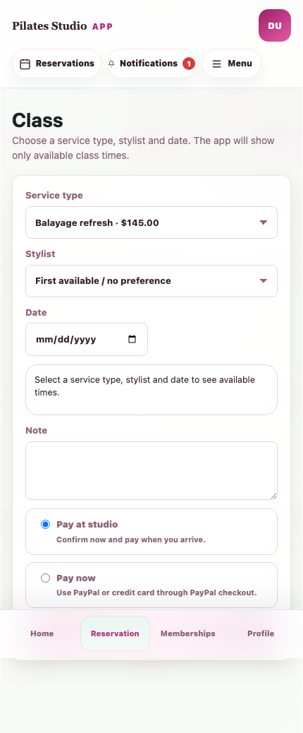 Pilates booking app screen