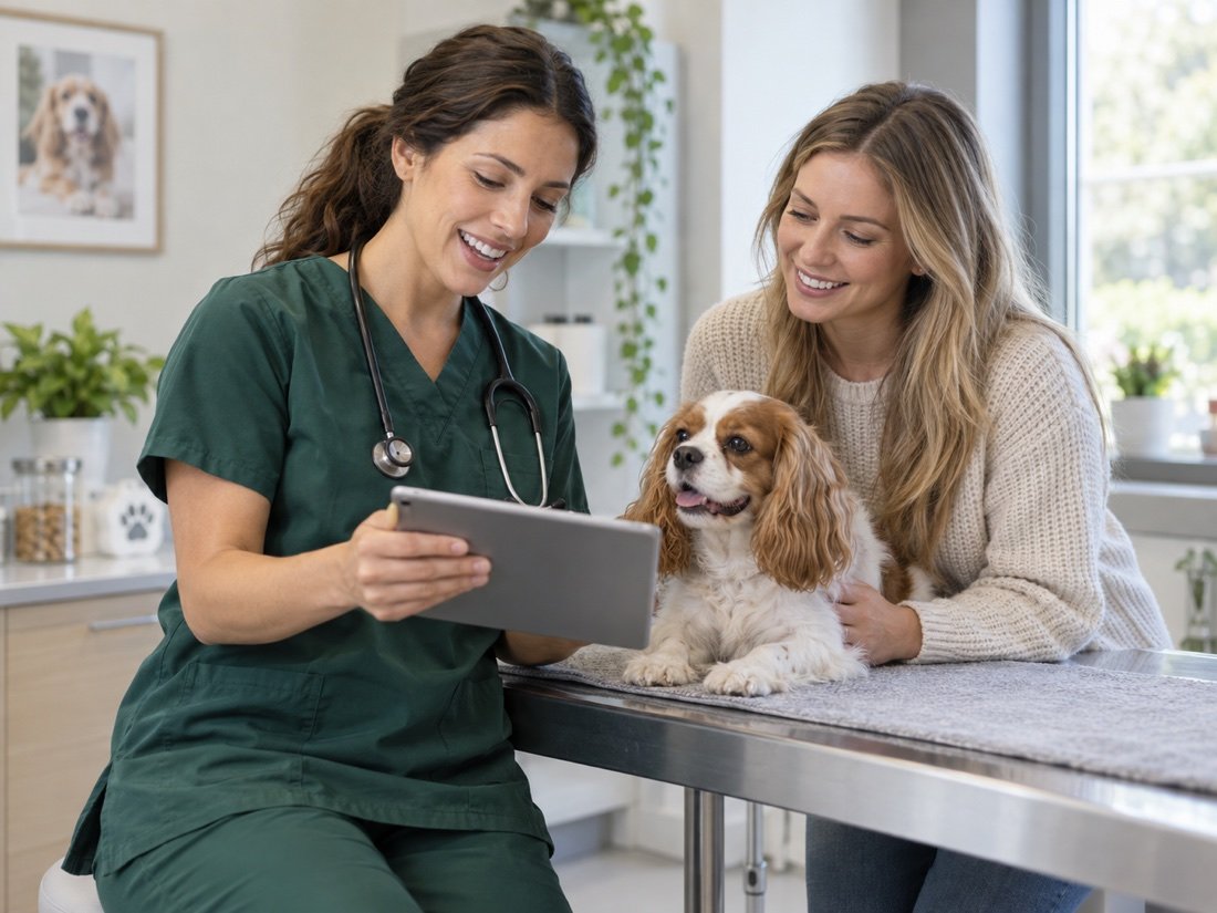 Veterinarian reviewing a pet wellness plan with a client